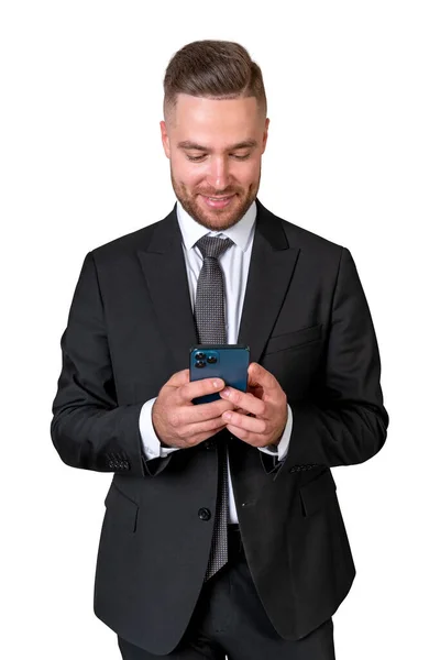 Empresário Feliz Usando Telefone Digitação Navegação Retrato Sorridente Terno Formal — Fotografia de Stock