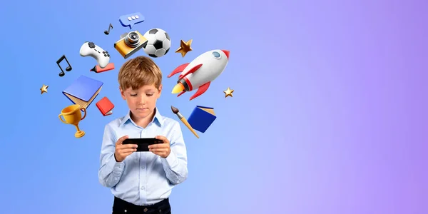 Vážný Chlapec Drží Smartphone Stojící Nad Fialovým Pozadím Learningem Line — Stock fotografie