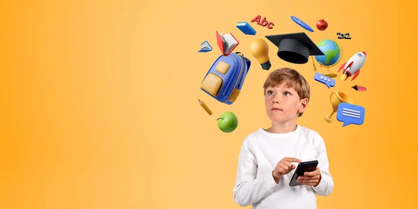 Okullu Çocukların Parmak Uçlu Telefonları Farklı Eğitim Ikonları Uçuşlar Roketler — Stok fotoğraf