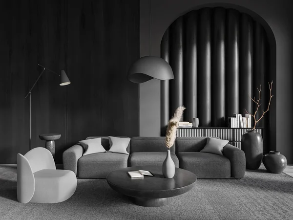 黑暗的客厅内部与柔软的地方 沙发和扶手椅咖啡桌在地毯上 灰色混凝土地板 在有餐具柜的家庭公寓里进行现代的放松场所设计 3D渲染 — 图库照片