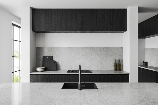 Black White Kitchen Interior Quartz Bar Countertop Sink Stove Kitchenware — Stock Photo, Image
