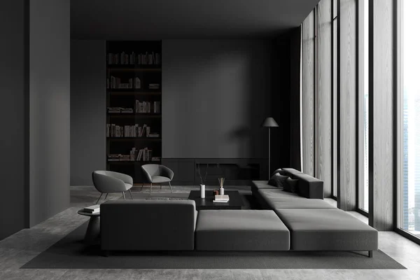 グレーの壁 コンクリートの床 快適なグレーのソファ 2つの居心地の良いアームチェア コーヒーテーブル 本棚とスタイリッシュなリビングルームのインテリア 3Dレンダリング — ストック写真