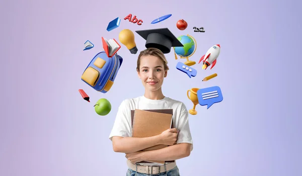 卒業キャップと卒業証書を持つ若い女性学生 紫色の背景に本やロケット飛行と多様な教育アイコン 学位とキャリアの選択の概念 — ストック写真