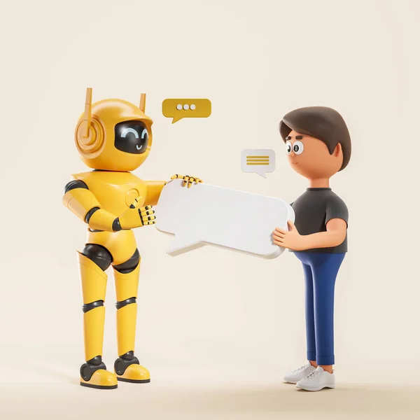 Yellow artificial intelligence robot and cartoon man holding big speech bubble. Concept of machine learning, chatting and communication. 3d rendering
