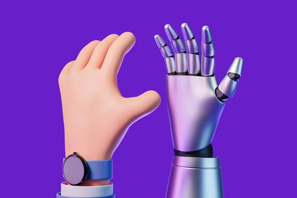 Widok Człowieka Kreskówek Sztucznej Inteligencji Robota Ręka Daje Przybicie Piątki — Zdjęcie stockowe