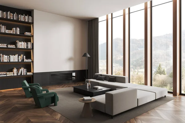 소파와 의자가 현대식 바닥에 카펫을 수있다 전원에 파노라마 베이지 만들어 — 스톡 사진