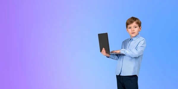 Portrait Concentrated Little Boy Kid Formal Clothes Holding Laptop Standing — Stock Photo, Image