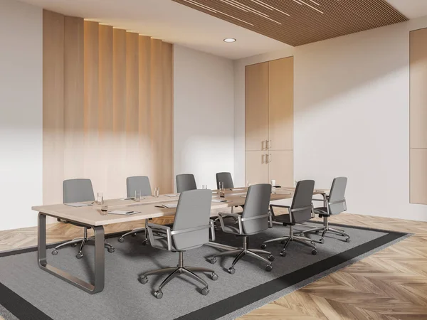 Interior Sala Escritório Branco Madeira Com Poltronas Placa Reunião Tapete — Fotografia de Stock