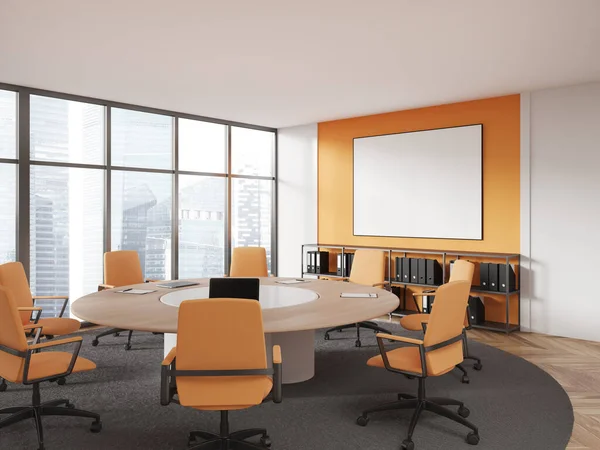 Orange and white conference room interior with board, side view office armchairs and shelf with documents. Business meeting corner with panoramic window. Mock up canvas poster. 3D rendering