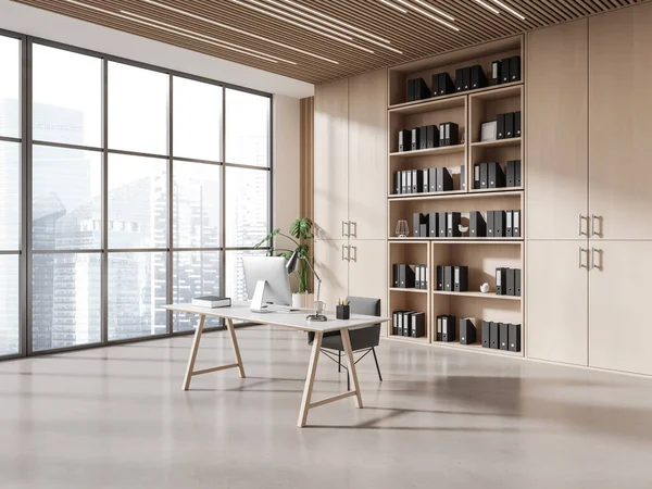 Interior Escritório Ceo Moderno Com Paredes Brancas Madeira Piso Concreto — Fotografia de Stock