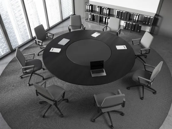 有白色和灰色墙壁 混凝土地板 有灰色椅子的圆形会议桌和有文件夹的橱柜的时髦会议室的顶部视图 3D渲染 — 图库照片