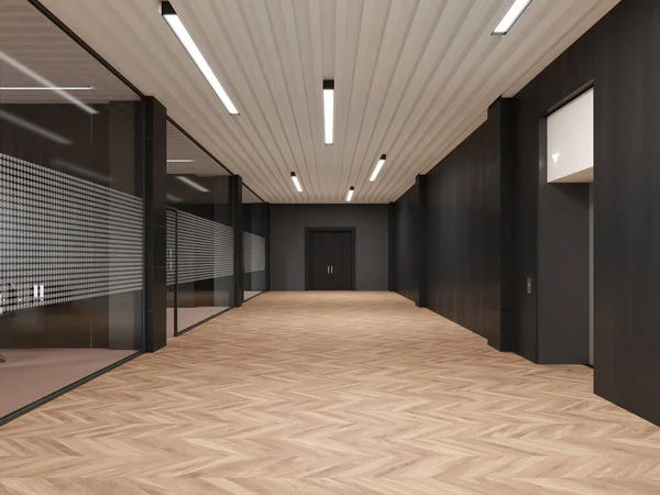 风格别致的商务大厅内部有玻璃门 工作场所有家具 走廊有硬木地板 长长的木制走廊 为客户和员工提供私人房间 3D渲染 — 图库照片