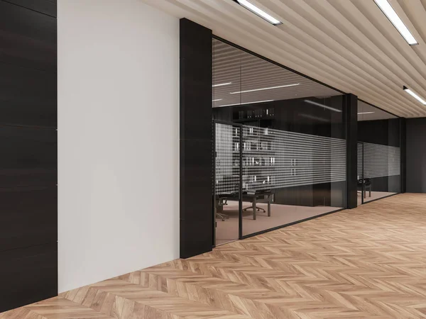 风格别致的商务大厅 内饰玻璃门 商务客房 电脑和货架 有硬木地板的走廊 有空旷的模拟墙的侧视图 3D渲染 — 图库照片