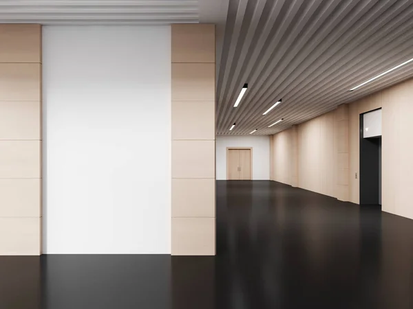 Office hall interior with black concrete floor, company hallway with long corridor, private rooms and doors. White copy space partition for business ad. 3D rendering
