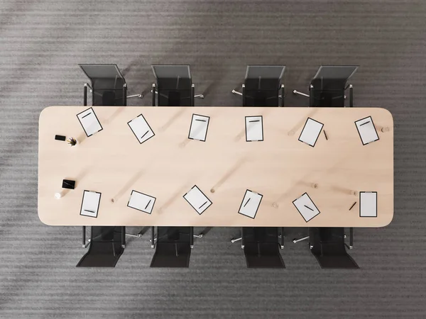 黒のアームチェアと会議室のインテリアのトップビュー 木製の会議テーブル 灰色のコンクリートの床にクリップボード 近代的な家具との最小限の交渉エリア 3Dレンダリング — ストック写真