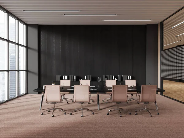 stock image Interior of stylish meeting room with gray and dark wooden walls, pink carpeted floor, long conference table with pink chairs and cabinet with folders. 3d rendering