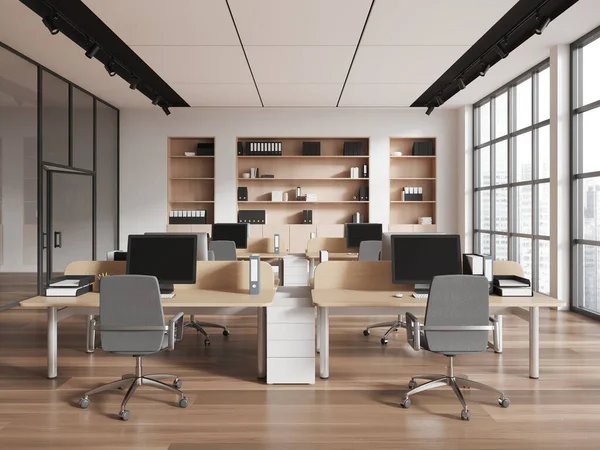 Interior Escritório Moderno Elegante Com Poltronas Computador Mesa Trabalho Piso — Fotografia de Stock