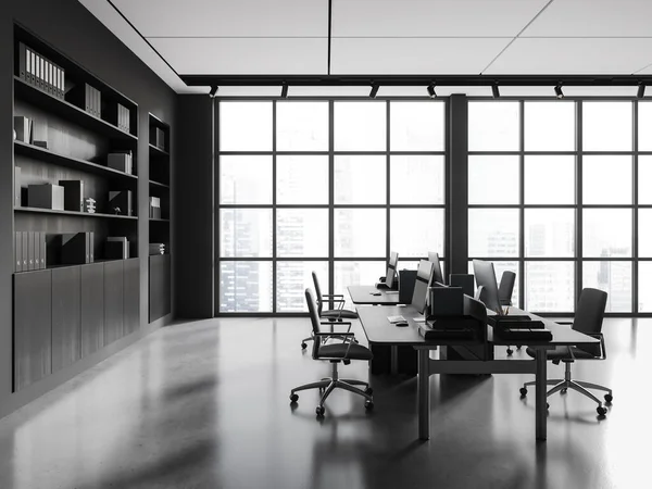 Interior Oficina Con Estilo Oscuro Con Sillones Ordenador Escritorio Suelo — Foto de Stock
