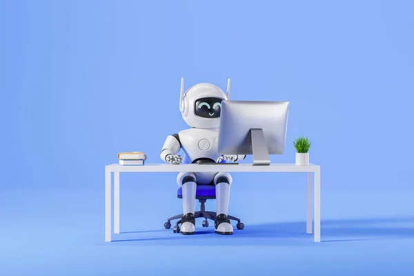 View of white artificial intelligence robot using computer sitting at office table over blue background. Concept of machine learning and employment. 3d rendering