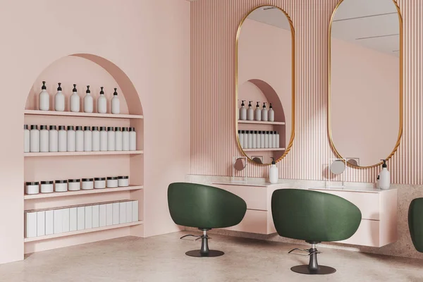 豪华的粉红色沙龙内部与椭圆形的镜子 绿色扶手椅排在混凝土地板上 装在拱形架子上 装有瓶子 侧视图配件和现代家具 3D渲染 — 图库照片