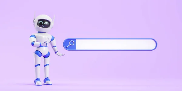 Boş Mavi Arama Çubuğunu Gösteren Beyaz Mavi Yapay Zeka Robotu — Stok fotoğraf