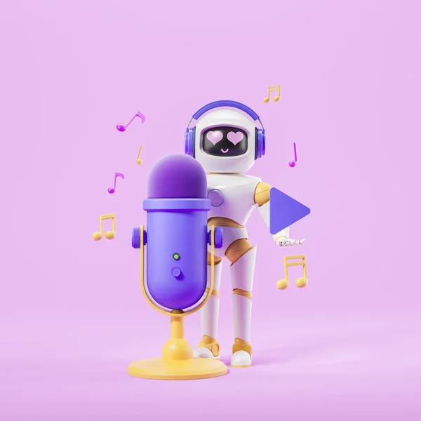 大きなマイクの近くに立ってピンクの背景にボタンを再生ヘッドフォンで人工知能ロボット ポッドキャストや音楽ストリーミングアプリケーションの概念 3Dレンダリング — ストック写真