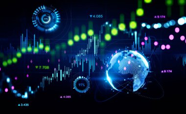 Renkli ön x analiz hud 'u, dünya küresi ve dijital finansal istatistikleri olan borsa şamdanları. Çevrimiçi ticaret ve analiz kavramı. 3B görüntüleme