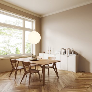 Bej oturma odası. Yemek masası, sandalyeler, yan manzara, ahşap zemin. Süslü ve panoramik pencereli bir elbise. Model boş duvar. 3B görüntüleme