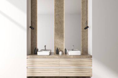 Işıl ışıl banyo manzarası, iki ayna, lavabo, beyaz duvarlar, musluğun altındaki raflar, sıvı sabun. 3d oluşturma