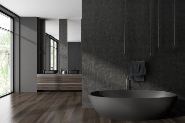 Karanlık banyonun iç yüzüne iki ayna, kırsal manzaralı panoramik pencere, lavabo, gri duvarlar, küvet, havlu, sıvı sabun, meşe ağacından ahşap döşeme. 3d oluşturma