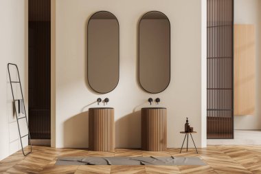 Çift lavabo ve ahşap zeminde havlu merdiveni olan bej bir banyo. Aksesuarlı tabure, lavabolu modern banyo alanı. 3B görüntüleme