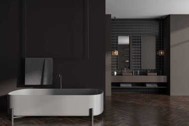 Küvetin içinde havluyla birlikte koyu bir banyo, çift lavabo ve ayna, parke zemin. Güvertede banyo aksesuarları. 3B görüntüleme