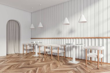 Beyaz kafenin içinde sandalyeler, tabaklar, çatal bıçak takımı, yan manzara, ahşap zemin. Perdeleri ve lambaları olan kemer kapısı. 3B görüntüleme