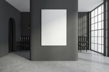 Koyu renkli bir kafenin içinde gri beton zemin üzerinde sandalyeler ve masa var. Singapur gökdelenlerinin panoramik penceresi. Tuvalin maketi posteri. 3B görüntüleme