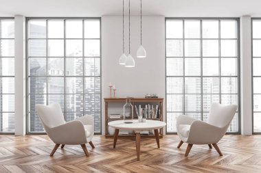 Beyaz oturma odası, iki koltuk, sehpa ve ahşap zemin süslemeli raf. Singapur şehir manzarasında panoramik pencere. 3B görüntüleme