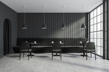 Kanepesi, sandalyeleri ve tabakları gri beton zeminde olan modern bir kafeterya. Singapur gökdelenlerinin kemer kapısı ve panoramik penceresi. 3B görüntüleme