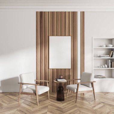 Beyaz dinlenme odası, iki koltuk, kitaplı kahve masası, şık dekorlu raf, ahşap zemin. Boş bir poster hazırla. 3B görüntüleme