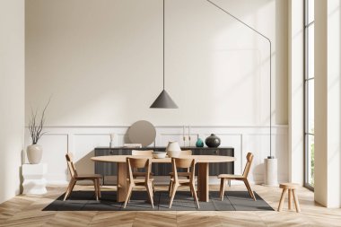 Bej oturma odasının içinde yemek masası ve sandalyeler, şifonyer ve dekorasyon, ahşap zeminde halı. Tropik manzarada panoramik pencere. 3B görüntüleme