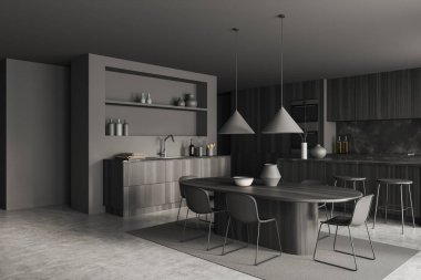 İçi yemek masası, sandalyeler, yan görüş, bar adası ve mutfak gereçleriyle dolu. Modern minimalist dairede şık bir yemek köşesi. 3B görüntüleme