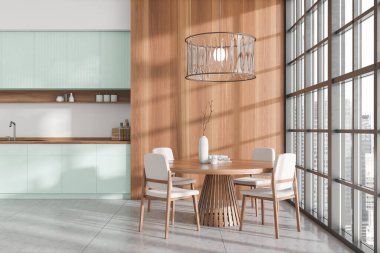 Yemek masası ve gri fayanslı sandalyeleri olan şık bir mutfak. Şehir manzarası panoramik pencereli yemek ve yeme alanı. 3B görüntüleme