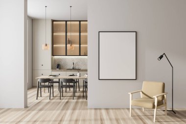 Beyaz mutfak içi, dinlenme alanı, ahşap zeminde sandalyeli yemek masası. Mutfak gereçleri ve rafları olan yemek pişirme alanı. Tuvalin maketi posteri. 3B görüntüleme