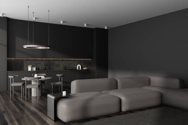 İçi soğuk ve yemek odası olan karanlık bir stüdyo. Masası, sandalyeleri, yan manzarası, ahşap zemini olan bir halı. Mutfak gereçleriyle yemek pişirme alanı. Kopya uzay duvarı. 3B görüntüleme