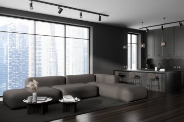 Bar adalı, yan manzaralı, halıda sehpası olan, ahşap zemini olan karanlık bir stüdyo. Singapur gökdelenlerinin panoramik penceresi. 3B görüntüleme