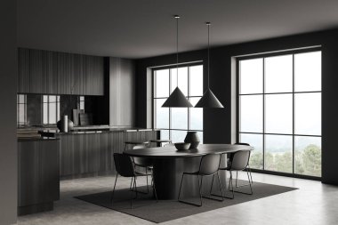 Lokantası, yemek masası, yan manzarası, bar adası ve mutfak eşyaları olan karanlık bir mutfak. Kırsal kesimde panoramik penceresi olan modern bir dairede yemek pişirme köşesi. 3B görüntüleme