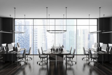 Koyu renk iç mekan koltuklar ve bilgisayar, koyu ahşap zemin. Singapur gökdelenlerinde panoramik pencereli bir ofis odası. 3B görüntüleme