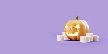 Mor arka planda fenerli Cadılar Bayramı balkabağı ve mumlar. Tatil kavramı. Uzayı kopyala 3B görüntüleme