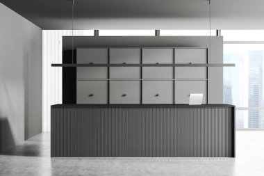Laptop bilgisayarı, dolap deposu ve gri beton zemini olan karanlık resepsiyon. Ofis masası ve lambası olan şık bir giriş salonu. Gökdelenlerin panoramik penceresi, 3B oluşturma