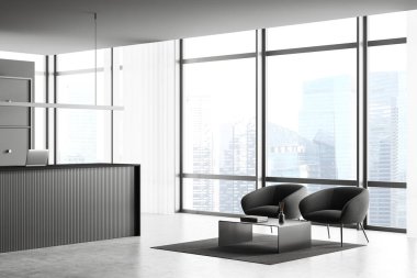 Koyu ofis içi koltuk ve kahve masası, bekleme salonu ve dizüstü bilgisayarı ve dolabı olan resepsiyon masası. Singapur gökdelenlerinin panoramik penceresi, 3B oluşturma