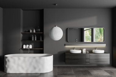 Küvetli karanlık banyo ve aynalı çift lavabo. Rafı ve dekorasyonu olan şık bir banyo yeri, fayans zemin. Tropik bölgelerde panoramik pencere. 3B görüntüleme