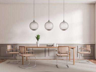 Beyaz oturma odası içinde masa, halı üzerinde sandalyeler, ahşap zemin. Minimalist dekorasyonu ve lambaları olan modern misafir odası. 3B görüntüleme